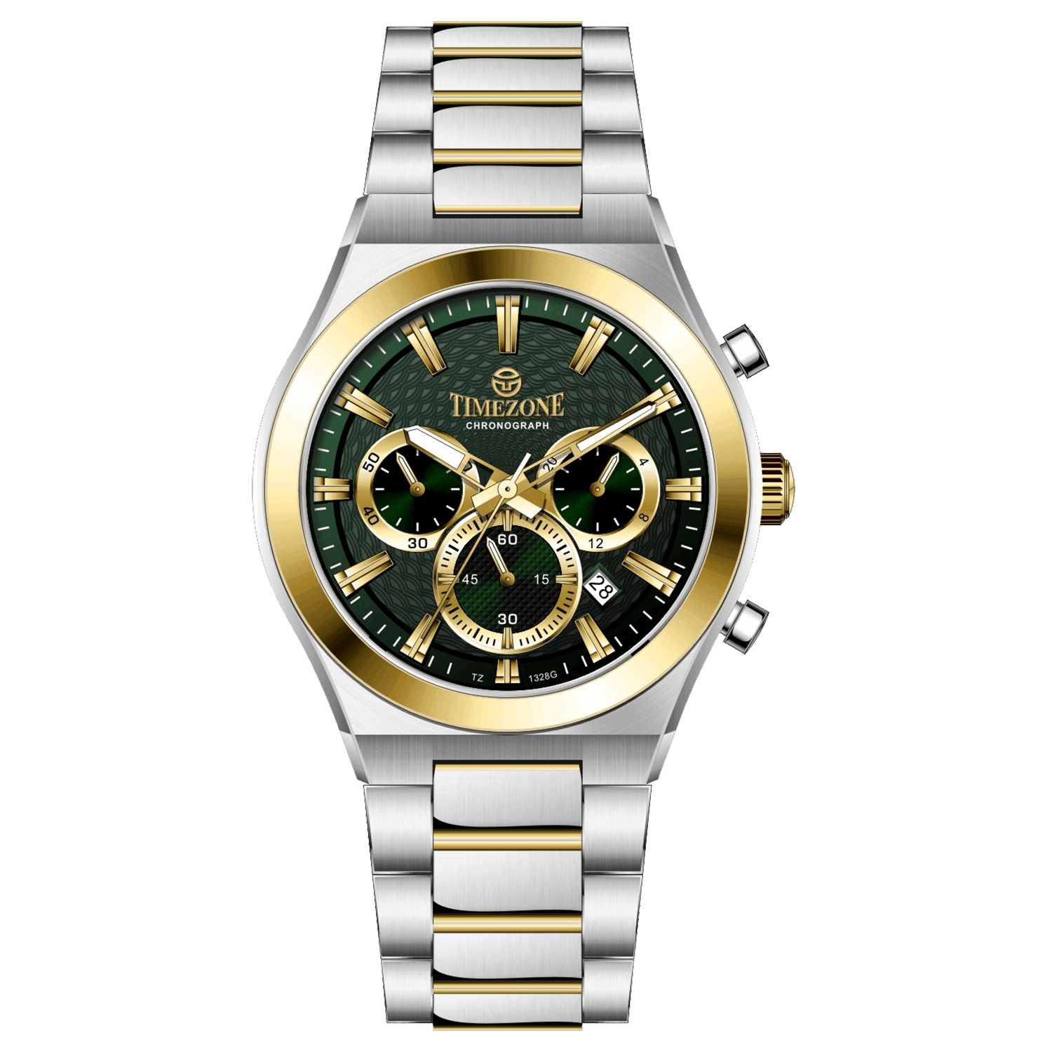 Branded wrist watches for men in pakistan. A silver and gold stainless steel chronograph watch with a two-tone band and a white dial with gold accents.
