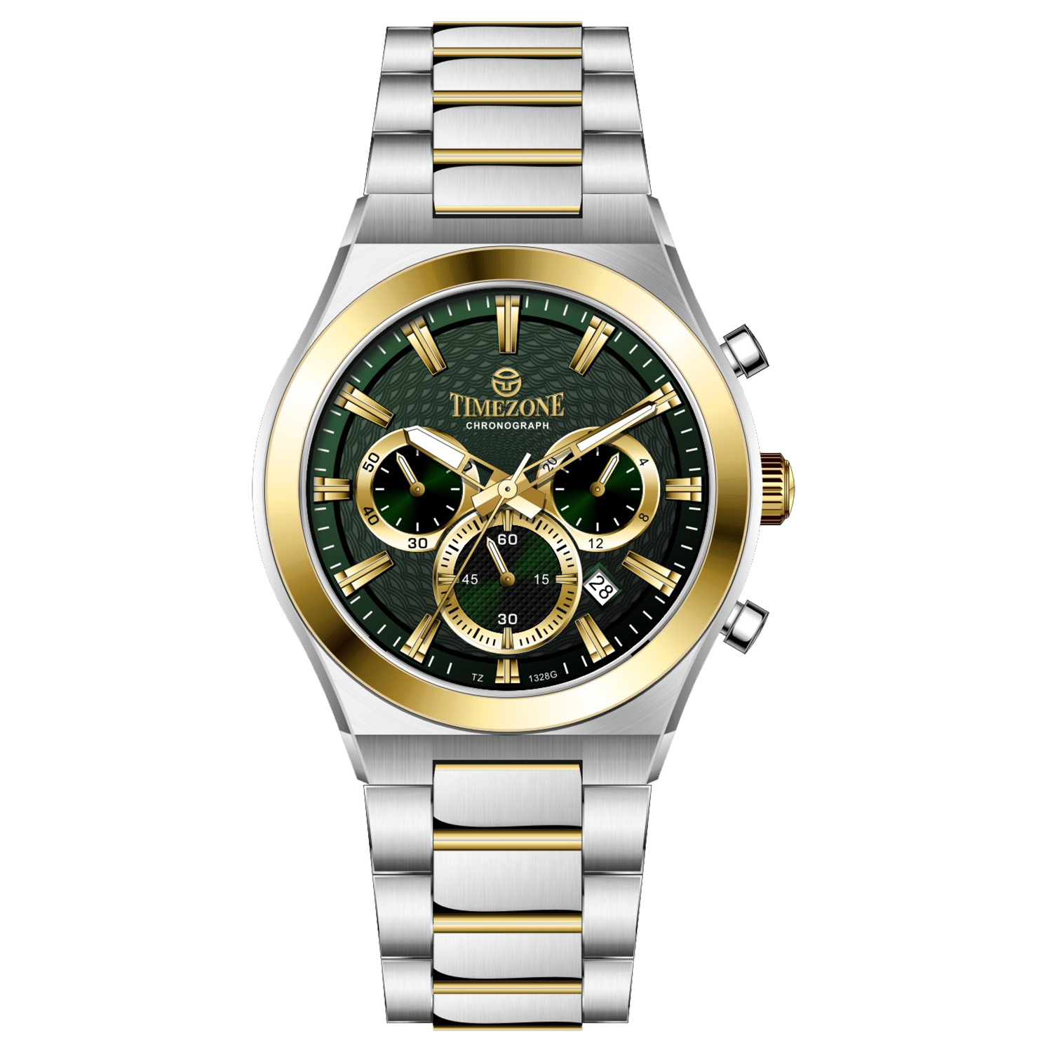 Branded wrist watches for men in pakistan. A silver and gold stainless steel chronograph watch with a two-tone band and a white dial with gold accents.