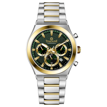 Branded wrist watches for men in pakistan. A silver and gold stainless steel chronograph watch with a two-tone band and a white dial with gold accents.