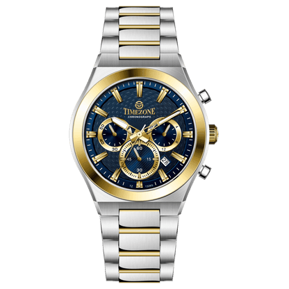 Branded wrist watches for men in pakistan. A silver and gold stainless steel chronograph watch with a two-tone band and a white dial with gold accents.