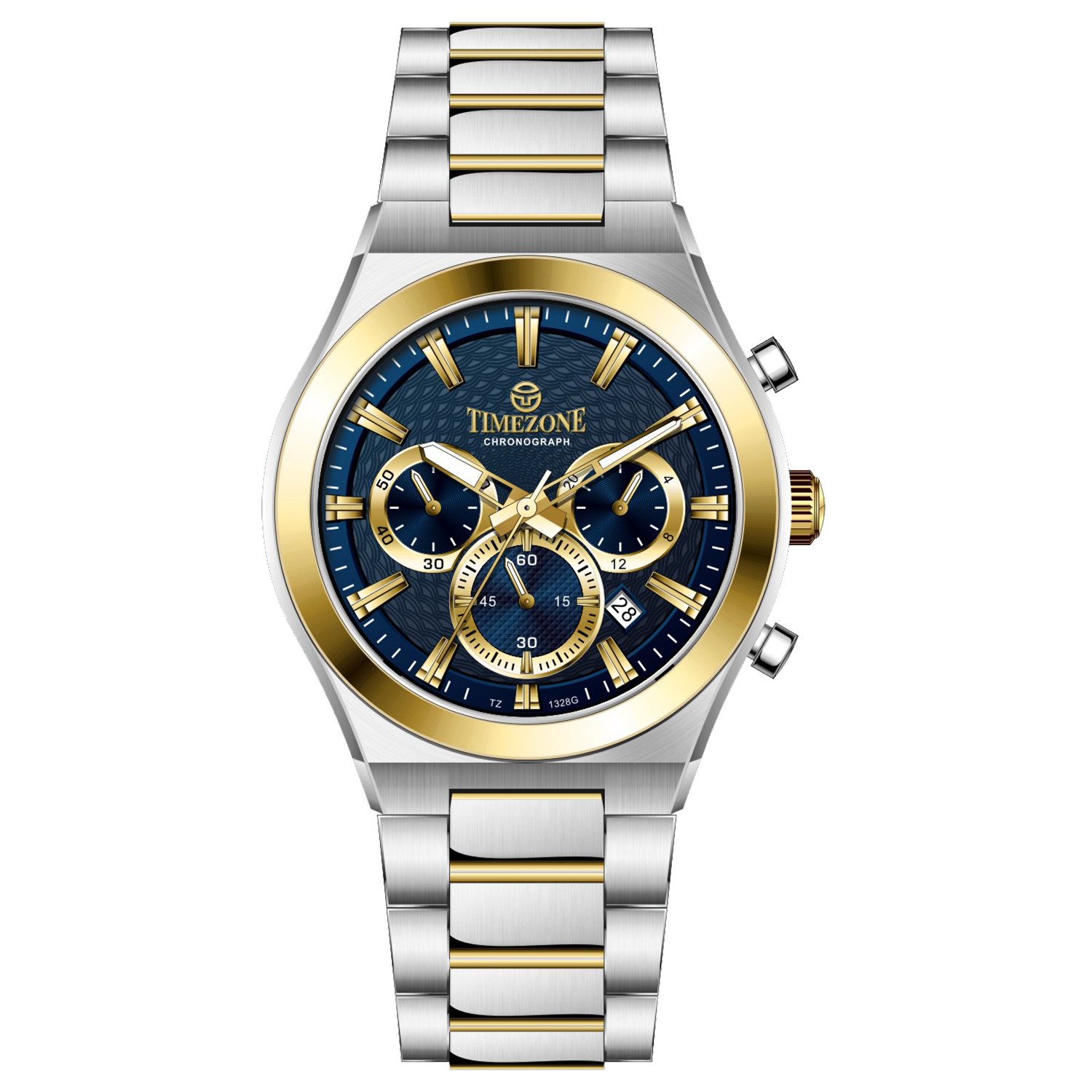 Branded wrist watches for men in pakistan. A silver and gold stainless steel chronograph watch with a two-tone band and a white dial with gold accents.