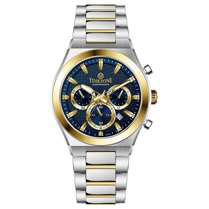 Branded wrist watches for men in pakistan. A silver and gold stainless steel chronograph watch with a two-tone band and a white dial with gold accents.