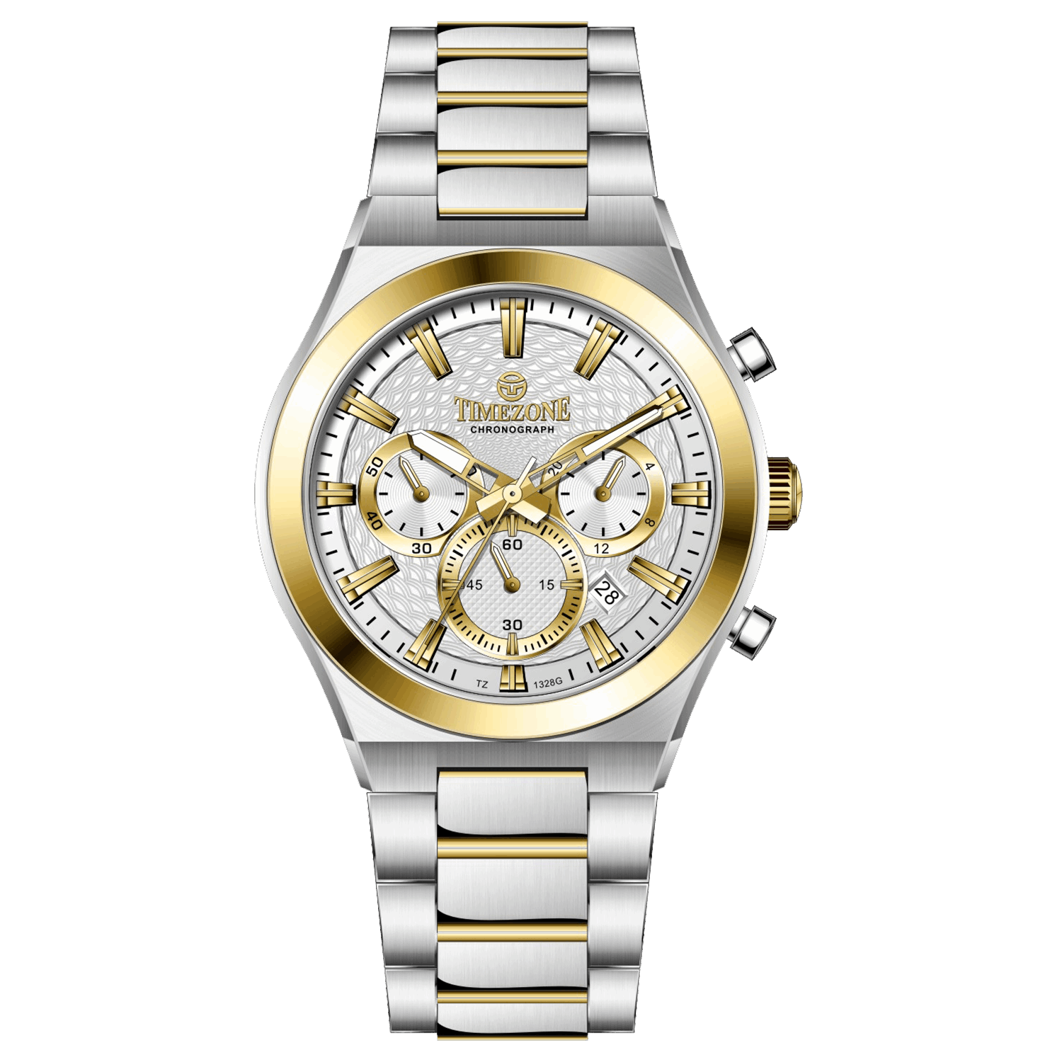 Branded wrist watches for men in pakistan. A silver and gold stainless steel chronograph watch with a two-tone band and a white dial with gold accents.