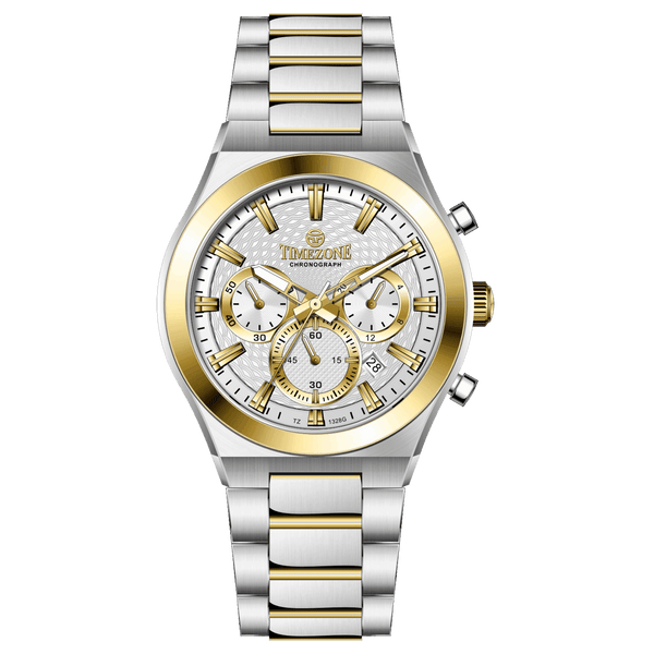 Branded wrist watches for men in pakistan. A silver and gold stainless steel chronograph watch with a two-tone band and a white dial with gold accents.