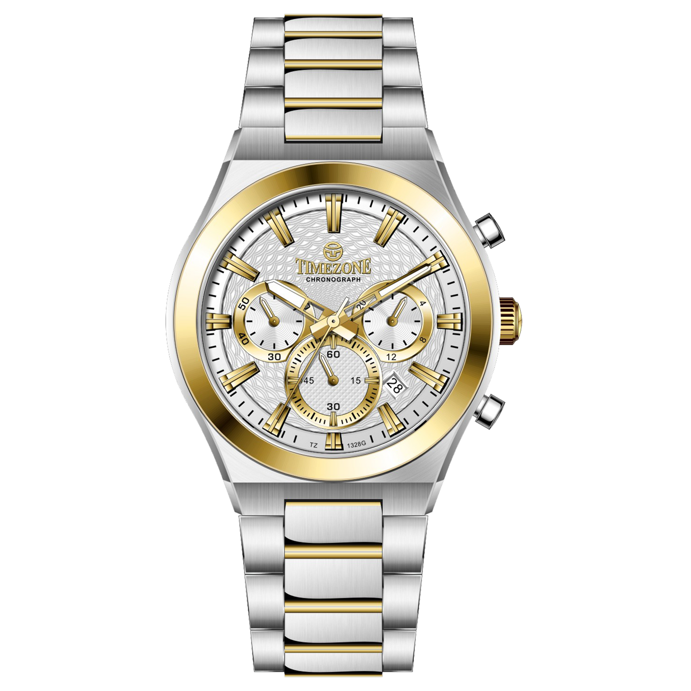 Branded wrist watches for men in pakistan. A silver and gold stainless steel chronograph watch with a two-tone band and a white dial with gold accents.