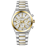 Branded wrist watches for men in pakistan. A silver and gold stainless steel chronograph watch with a two-tone band and a white dial with gold accents.