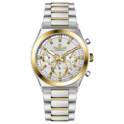 Branded wrist watches for men in pakistan. A silver and gold stainless steel chronograph watch with a two-tone band and a white dial with gold accents.