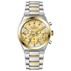 Branded wrist watches for men in pakistan. A silver and gold stainless steel chronograph watch with a two-tone band and a white dial with gold accents.
