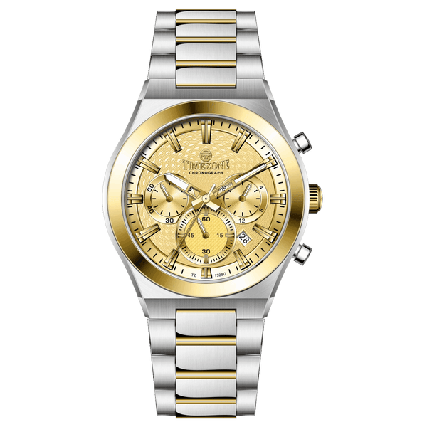Branded wrist watches for men in pakistan. A silver and gold stainless steel chronograph watch with a two-tone band and a white dial with gold accents.