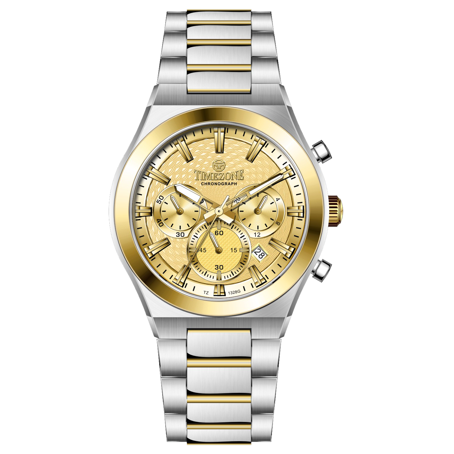 Branded wrist watches for men in pakistan. A silver and gold stainless steel chronograph watch with a two-tone band and a white dial with gold accents.