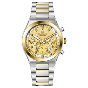 Branded wrist watches for men in pakistan. A silver and gold stainless steel chronograph watch with a two-tone band and a white dial with gold accents.