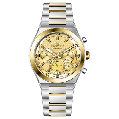 Branded wrist watches for men in pakistan. A silver and gold stainless steel chronograph watch with a two-tone band and a white dial with gold accents.
