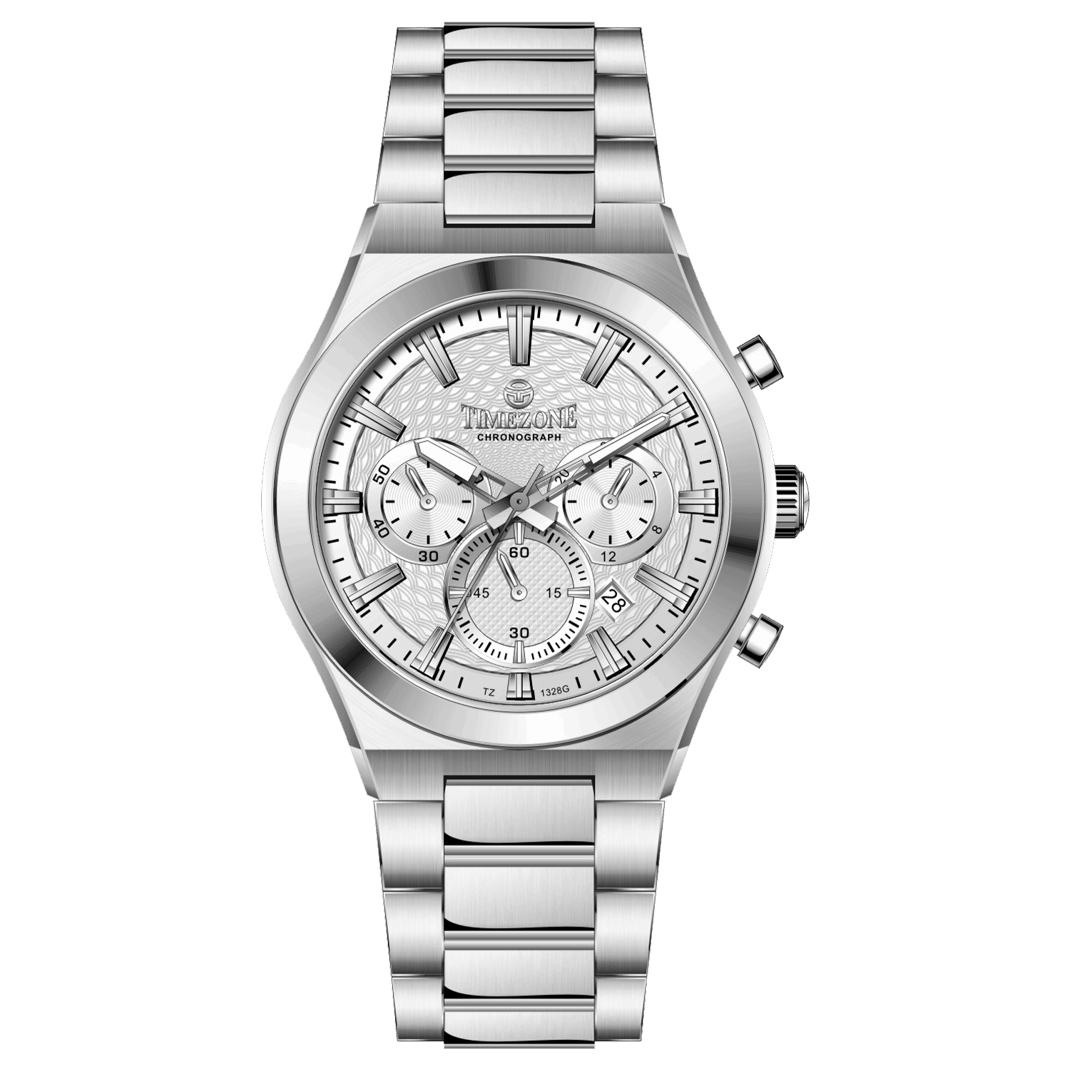 Branded wrist watch for men in pakistan. A silver-colored stainless steel watch with a chronograph dial and a bracelet strap.