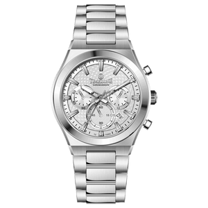 Branded wrist watch for men in pakistan. A silver-colored stainless steel watch with a chronograph dial and a bracelet strap.