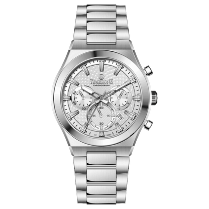 Branded wrist watch for men in pakistan. A silver-colored stainless steel watch with a chronograph dial and a bracelet strap.