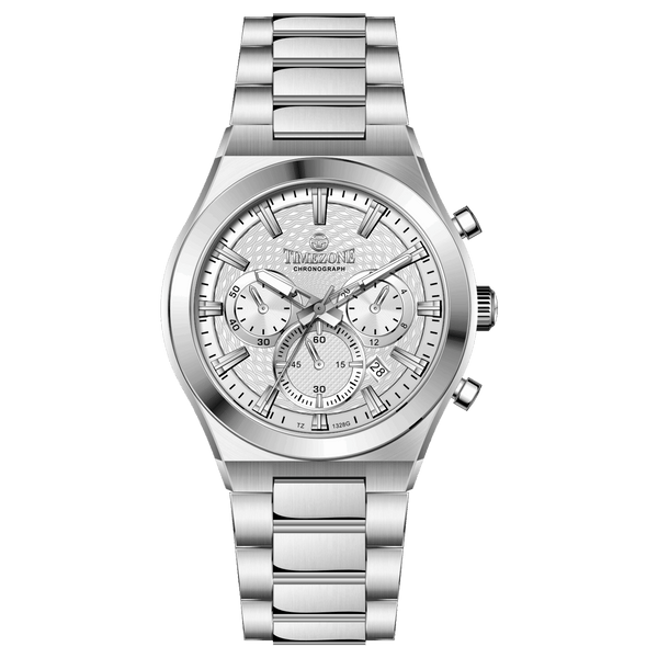 Branded wrist watch for men in pakistan. A silver-colored stainless steel watch with a chronograph dial and a bracelet strap.