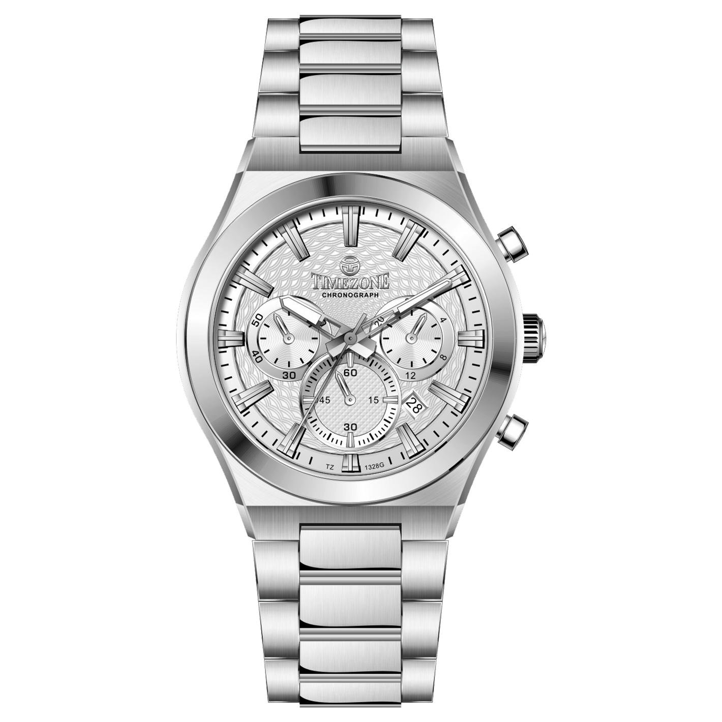 Branded wrist watch for men in pakistan. A silver-colored stainless steel watch with a chronograph dial and a bracelet strap.