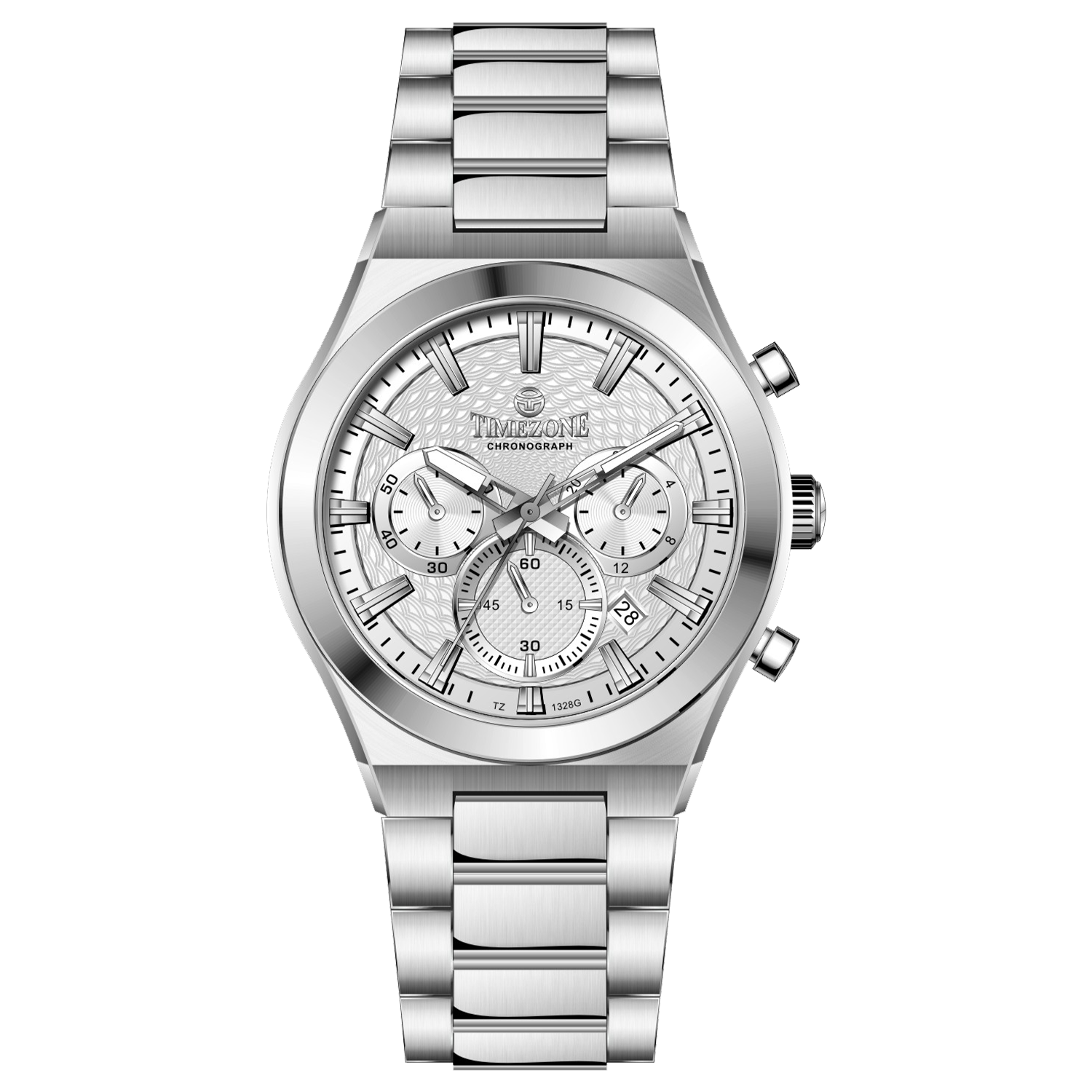 Branded wrist watch for men in pakistan. A silver-colored stainless steel watch with a chronograph dial and a bracelet strap.