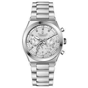 Branded wrist watch for men in pakistan. A silver-colored stainless steel watch with a chronograph dial and a bracelet strap.