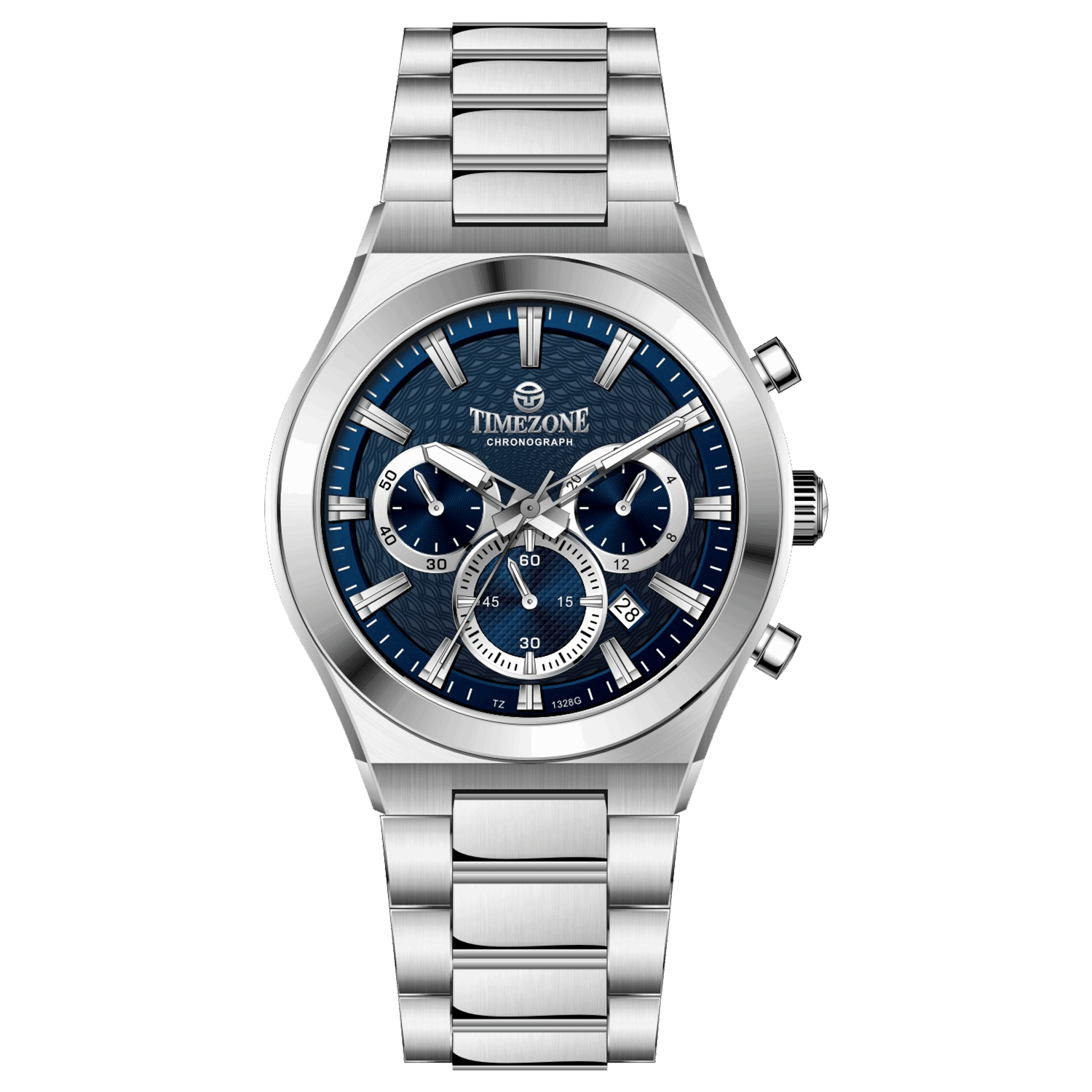 Branded wrist watch for men in pakistan. A silver-colored stainless steel watch with a chronograph dial and a bracelet strap.