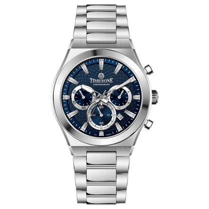 Branded wrist watch for men in pakistan. A silver-colored stainless steel watch with a chronograph dial and a bracelet strap.
