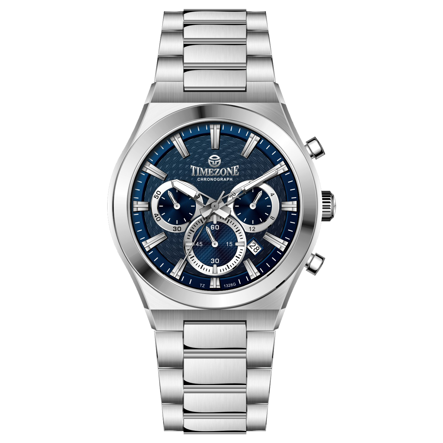 Branded wrist watch for men in pakistan. A silver-colored stainless steel watch with a chronograph dial and a bracelet strap.