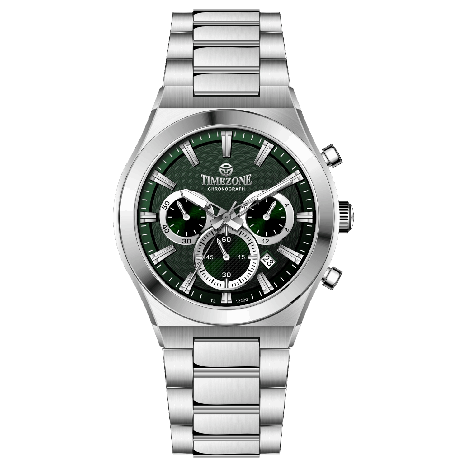 Branded wrist watch for men in pakistan. A silver-colored stainless steel watch with a chronograph dial and a bracelet strap.