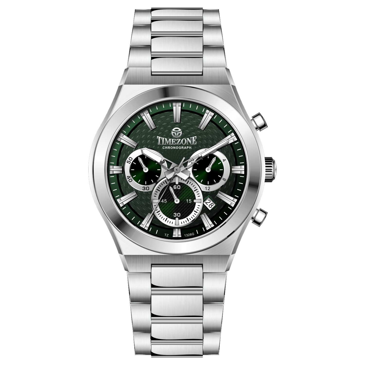 Branded wrist watch for men in pakistan. A silver-colored stainless steel watch with a chronograph dial and a bracelet strap.