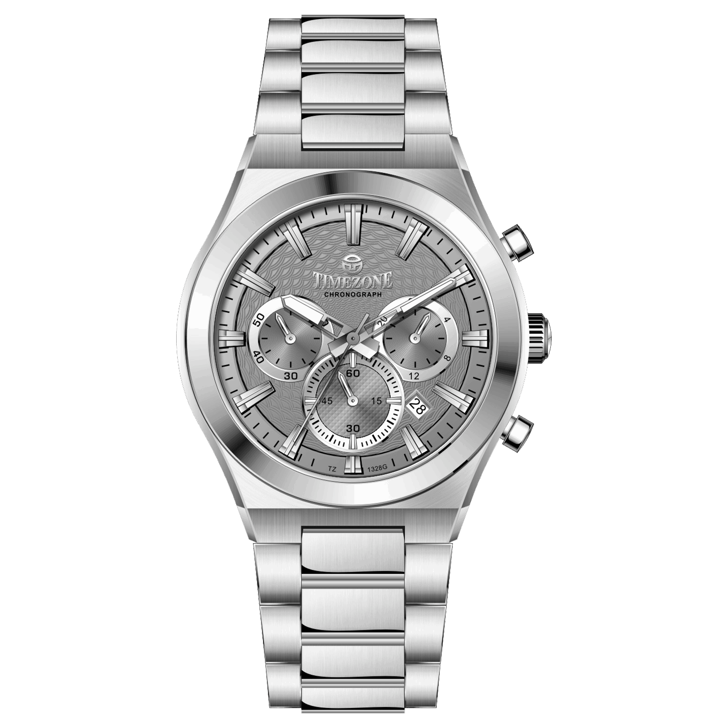 Branded wrist watch for men in pakistan. A silver-colored stainless steel watch with a chronograph dial and a bracelet strap.