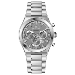 Branded wrist watch for men in pakistan. A silver-colored stainless steel watch with a chronograph dial and a bracelet strap.