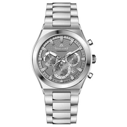 Branded wrist watch for men in pakistan. A silver-colored stainless steel watch with a chronograph dial and a bracelet strap.