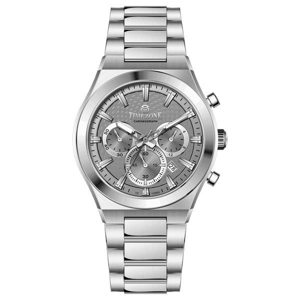 Branded wrist watch for men in pakistan. A silver-colored stainless steel watch with a chronograph dial and a bracelet strap.