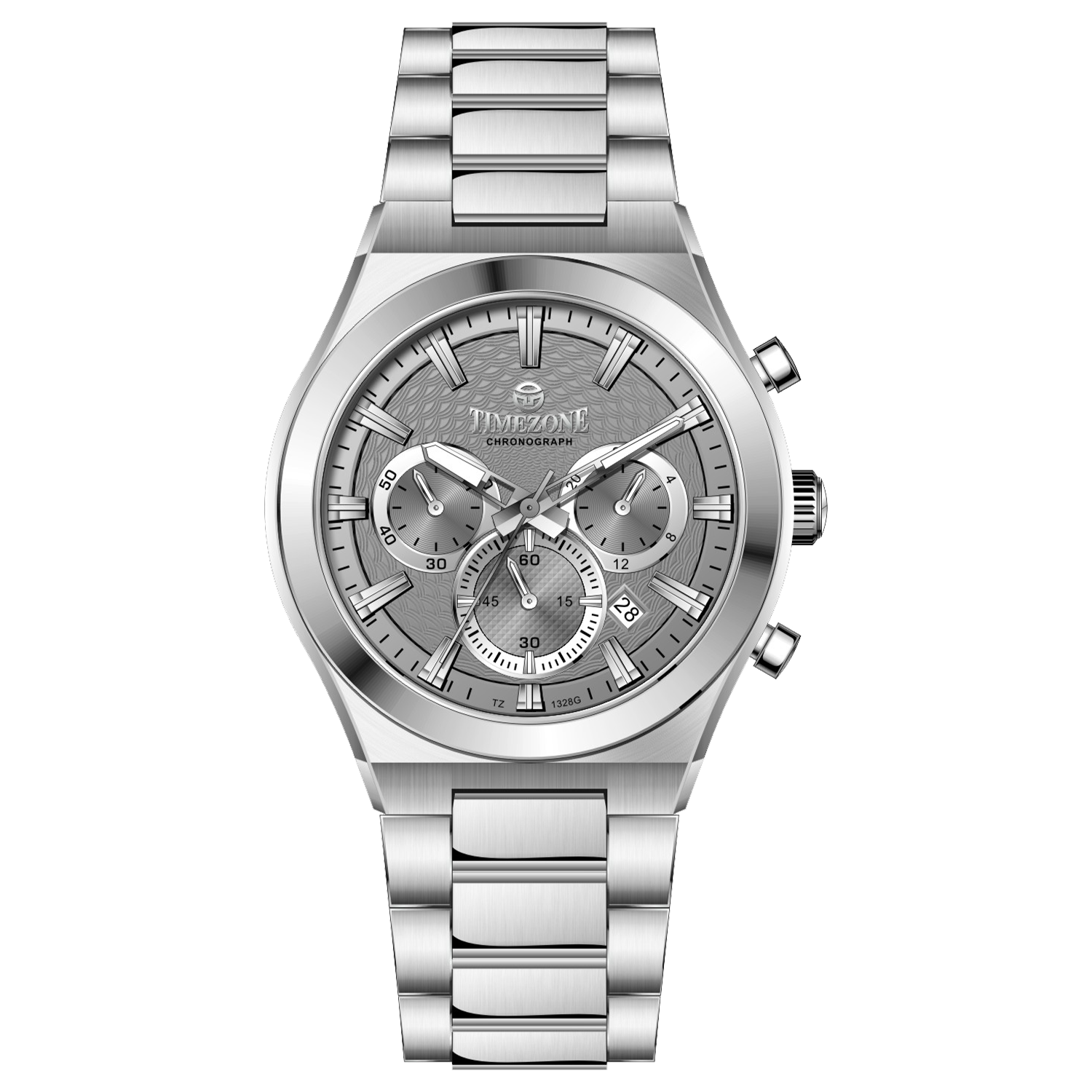 Branded wrist watch for men in pakistan. A silver-colored stainless steel watch with a chronograph dial and a bracelet strap.