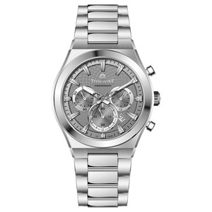 Branded wrist watch for men in pakistan. A silver-colored stainless steel watch with a chronograph dial and a bracelet strap.