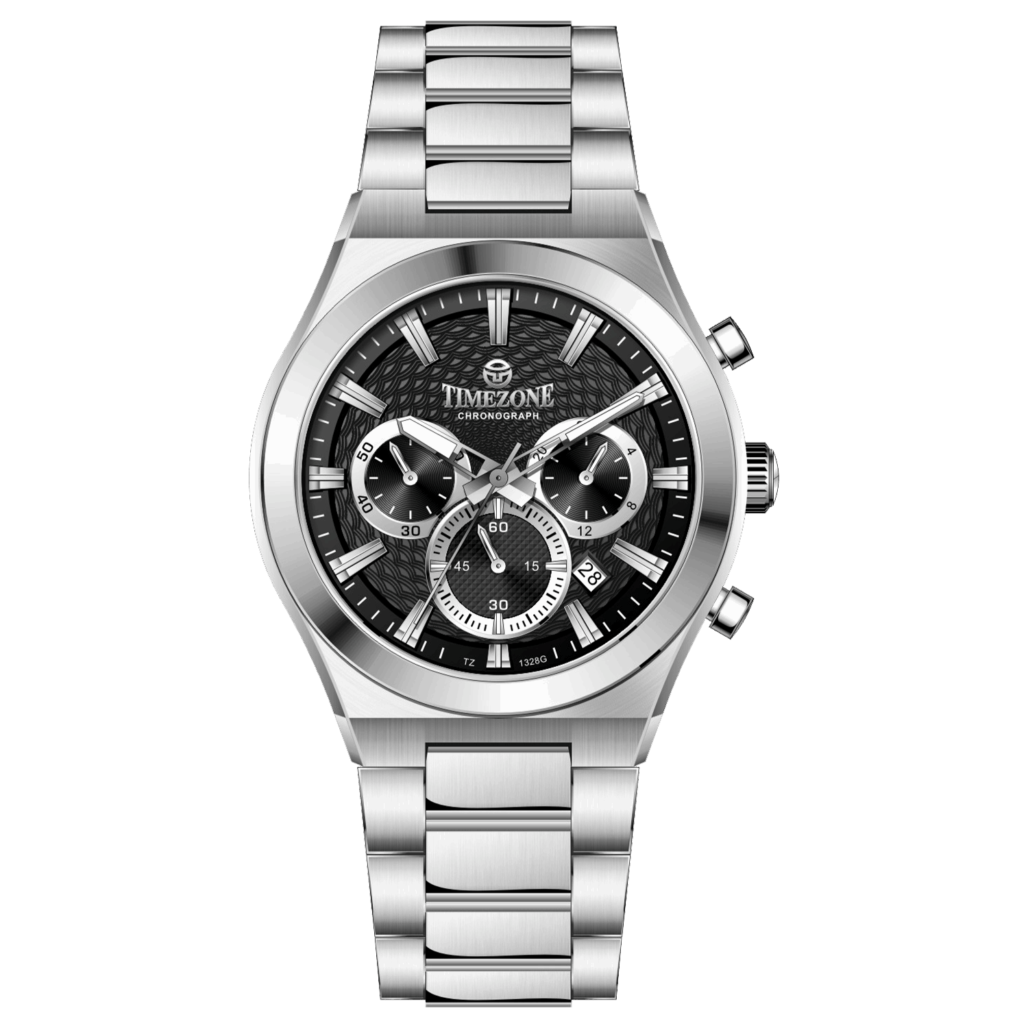 Branded wrist watch for men in pakistan. A silver-colored stainless steel watch with a chronograph dial and a bracelet strap.