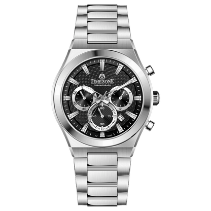 Branded wrist watch for men in pakistan. A silver-colored stainless steel watch with a chronograph dial and a bracelet strap.