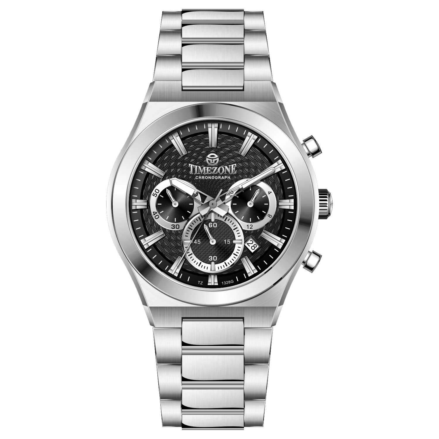 Branded wrist watch for men in pakistan. A silver-colored stainless steel watch with a chronograph dial and a bracelet strap.