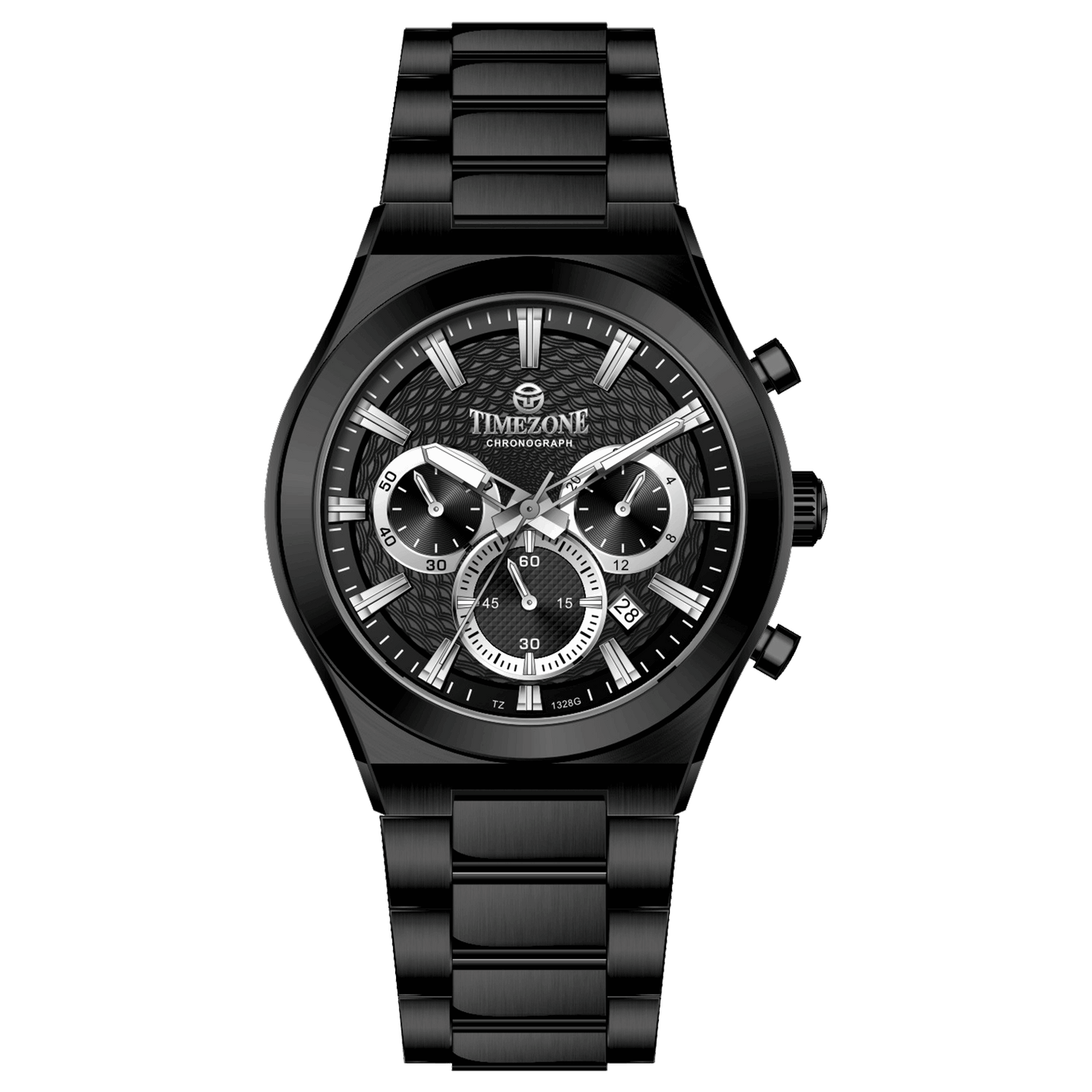 Branded wrist watch for men in pakistan. A black analog watch with a stainless steel band and a chronograph dial.