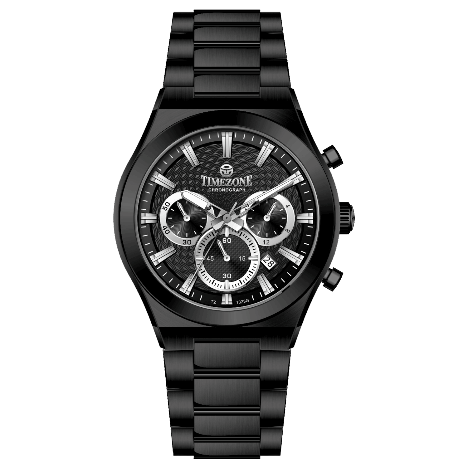 Branded wrist watch for men in pakistan. A black analog watch with a stainless steel band and a chronograph dial.