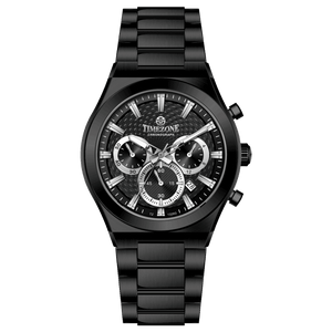 Branded wrist watch for men in pakistan. A black analog watch with a stainless steel band and a chronograph dial.