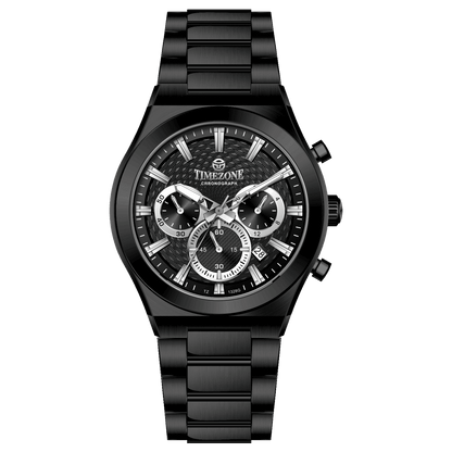 Branded wrist watch for men in pakistan. A black analog watch with a stainless steel band and a chronograph dial.