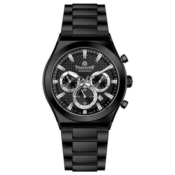 Branded wrist watch for men in pakistan. A black analog watch with a stainless steel band and a chronograph dial.