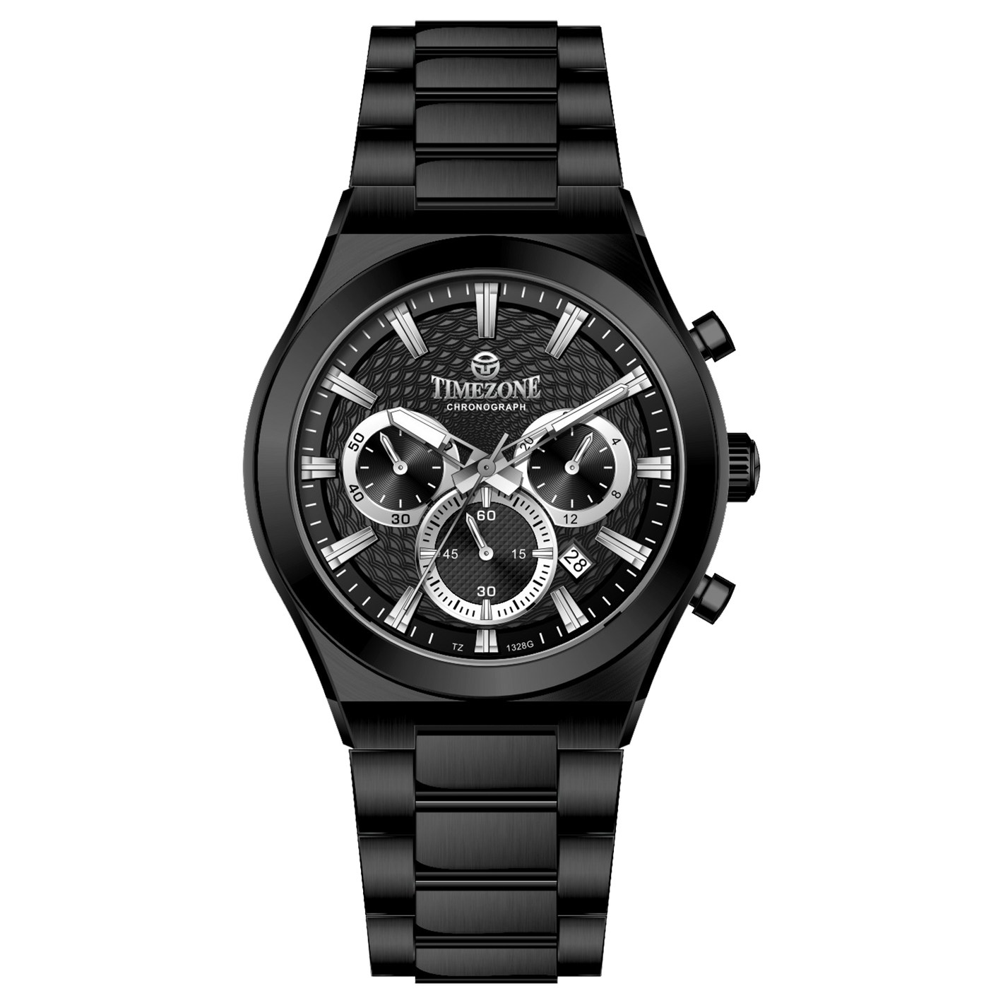 Branded wrist watch for men in pakistan. A black analog watch with a stainless steel band and a chronograph dial.