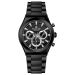 Branded wrist watch for men in pakistan. A black analog watch with a stainless steel band and a chronograph dial.