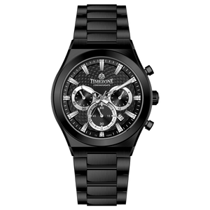 Branded wrist watch for men in pakistan. A black analog watch with a stainless steel band and a chronograph dial.