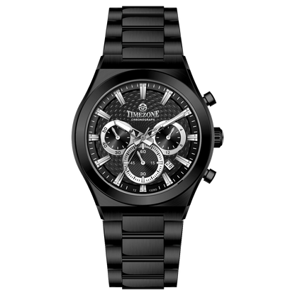 Branded wrist watch for men in pakistan. A black analog watch with a stainless steel band and a chronograph dial.