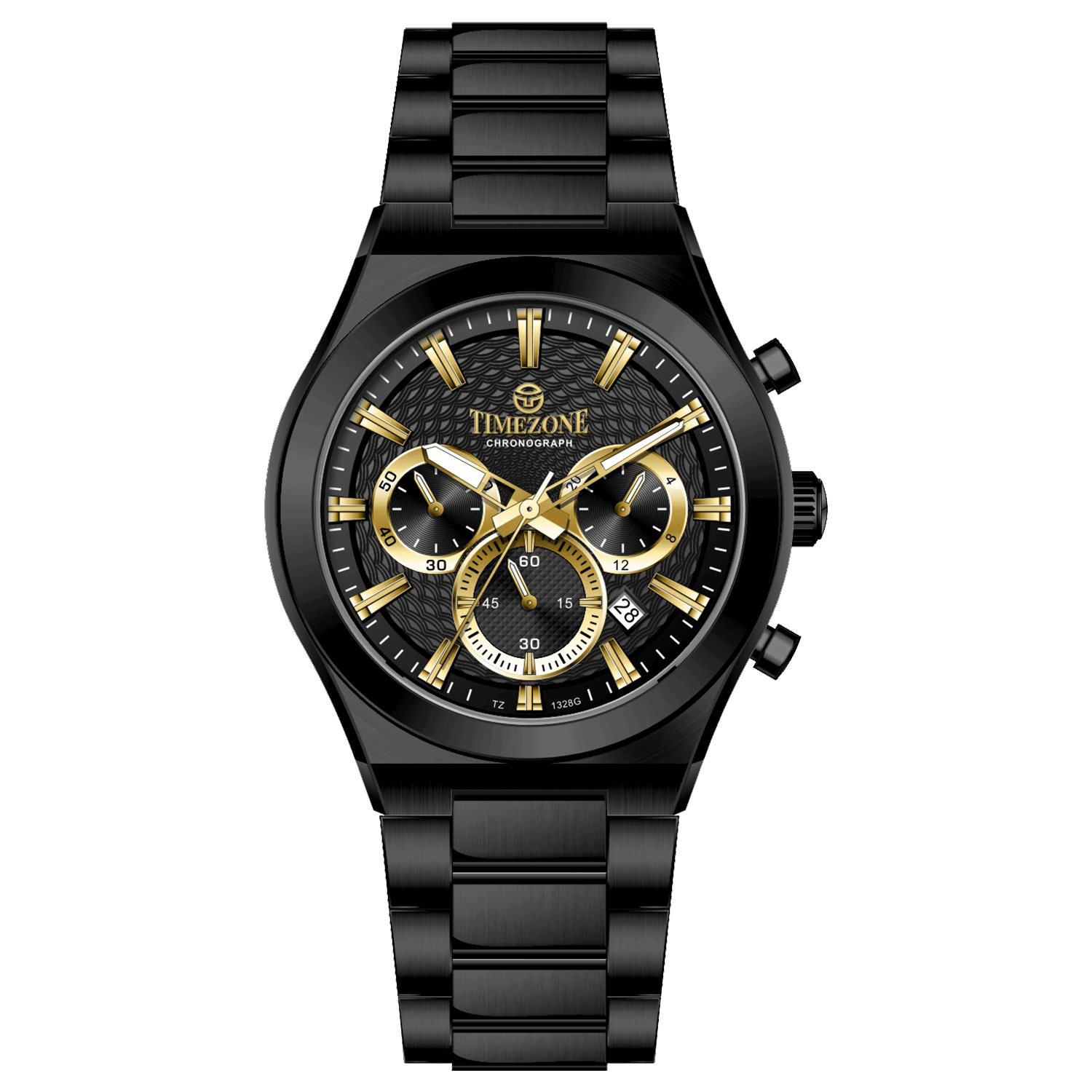 Branded wrist watch for men in pakistan. A black analog watch with a stainless steel band and a chronograph dial.
