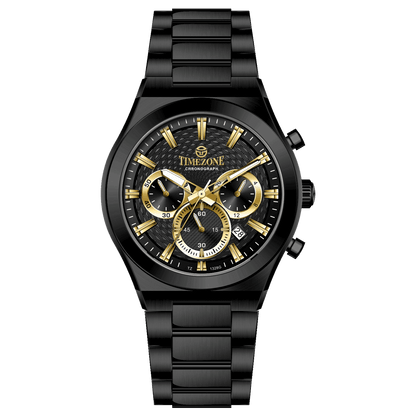 Branded wrist watch for men in pakistan. A black analog watch with a stainless steel band and a chronograph dial.