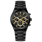 Branded wrist watch for men in pakistan. A black analog watch with a stainless steel band and a chronograph dial.