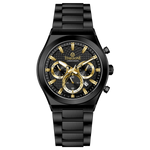 Branded wrist watch for men in pakistan. A black analog watch with a stainless steel band and a chronograph dial.